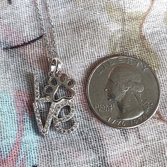 Sterling Silver 925 Pave Cubic Zirconia Clear Pet Paw LOVE Pendant Necklace NWOT - Picture 3 of 7